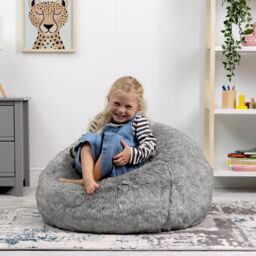 icon Kids Classic Faux Fur Bean Bag Chair Natural Bean Bags for Children in Light Grey - thumbnail 3