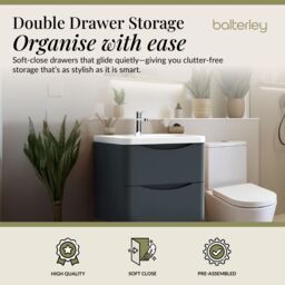 Balterley Wall Hung 2 Drawer Bathroom Vanity Unit & Basin, Dark Grey, 550mm in Grey - thumbnail 2