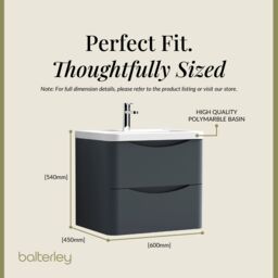 Balterley Wall Hung 2 Drawer Bathroom Vanity Unit & Basin, Dark Grey, 550mm in Grey - thumbnail 5