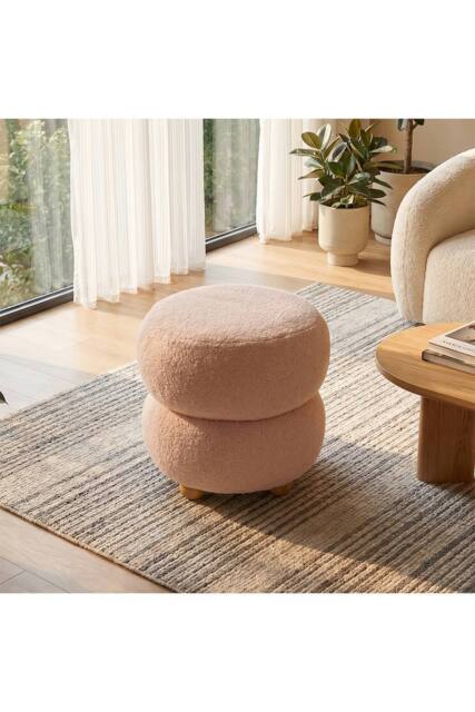 Living and Home Round Teddy Fleece Upholstered Footstool in Pink - image 1
