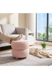 Living and Home Round Teddy Fleece Upholstered Footstool in Pink - thumbnail 4