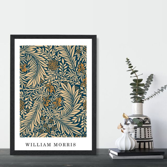 ARTZE Vintage William Morris Larkspur in Navy & Beige Art Print / Black Frame / SIZE: A4 - image 1