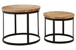 Orsina Set Of Two Mango Wood Nesting Tables, Industrial Round Wooden Tables For Living Room, Space-Saving Tables in Black - thumbnail 3