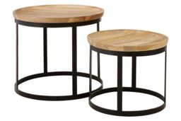 Orsina Set Of Two Mango Wood Nesting Tables, Industrial Round Wooden Tables For Living Room, Space-Saving Tables in Black - thumbnail 2