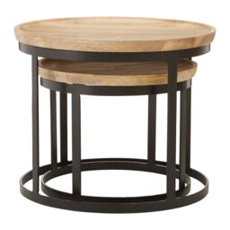 Orsina Set Of Two Mango Wood Nesting Tables, Industrial Round Wooden Tables For Living Room, Space-Saving Tables in Black