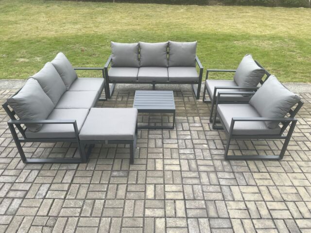 Fimous Aluminium Patio Outdoor Garden Furniture Lounge Sofa Set with Square Coffee Table 2 Chairs Big Footstool Dark Grey - image 1