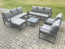 Fimous Aluminium Patio Outdoor Garden Furniture Lounge Sofa Set with Square Coffee Table 2 Chairs Big Footstool Dark Grey - thumbnail 2