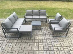 Fimous Aluminium Patio Outdoor Garden Furniture Lounge Sofa Set with Square Coffee Table 2 Chairs Big Footstool Dark Grey - thumbnail 1