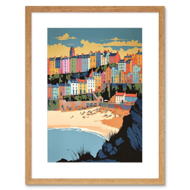 "Artery8 Wall Art Print Tenby Castle Beach Coastal Town Summer in Wales Artwork Framed 9X7 Inch in Beige - Size: W7"" x H9""" - image 1