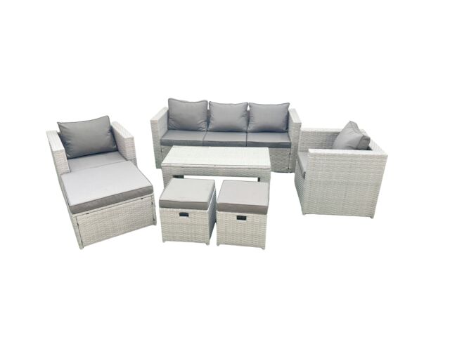 Fimous Rattan Garden Furniture Set 8 Seater Outdoor Garden Sofa Oblong Coffee Table Set with 2 Chairs 3 Stools Light Grey Mixed - image 1