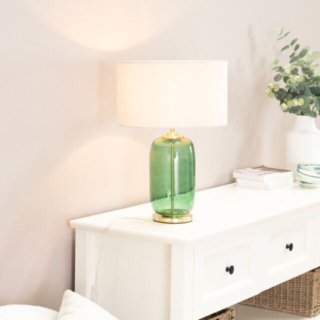 ValueLights Leigh Fabric Drum Shade with Forest Green Glass & Gold Trim Table Lamp in Nude - image 1