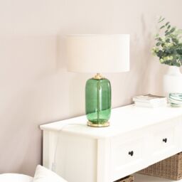 ValueLights Leigh Fabric Drum Shade with Forest Green Glass & Gold Trim Table Lamp in Nude - thumbnail 3