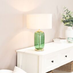 ValueLights Leigh Fabric Drum Shade with Forest Green Glass & Gold Trim Table Lamp in Nude - thumbnail 1