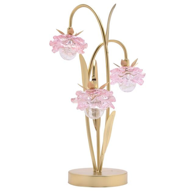 Hestia 3 Stem LED Lamp With Pink Glass Flower & Gold Base