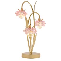 Hestia 3 Stem LED Lamp With Pink Glass Flower & Gold Base - thumbnail 2