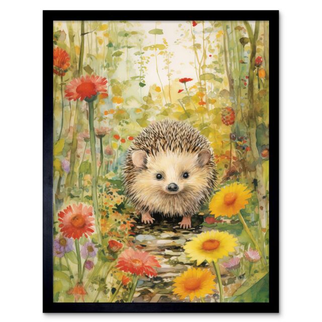 Artery8 Wall Art Print Adorable Hedgehog in a Wildflower Meadow Watercolour Painting Kids Bedroom Cute Woodland Creature Art Framed - image 1