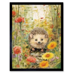 Artery8 Wall Art Print Adorable Hedgehog in a Wildflower Meadow Watercolour Painting Kids Bedroom Cute Woodland Creature Art Framed - thumbnail 1