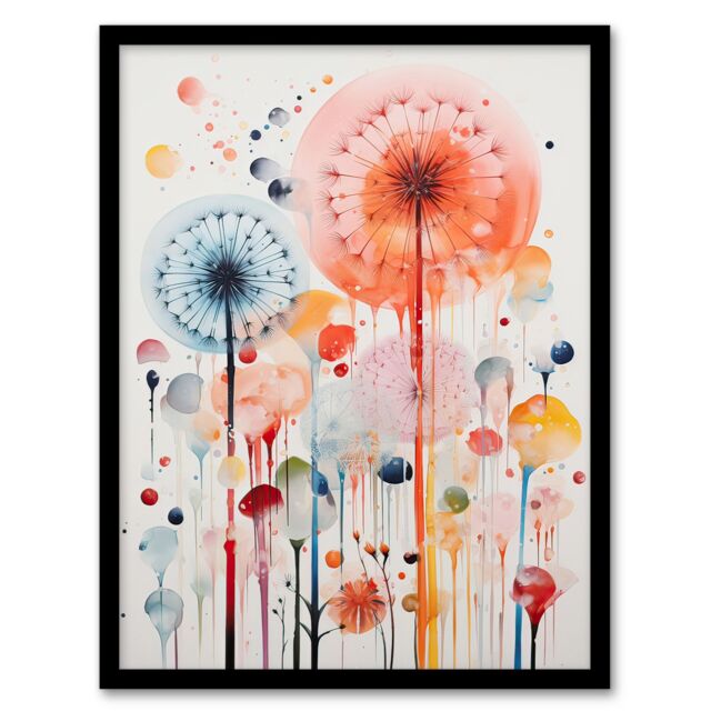 Artery8 Wall Art Print Dandelion Seeds Fireworks Watercolour Painting Framed - Size: A4 - image 1