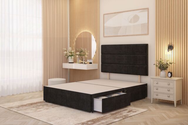 Somnior Chambery 2 Draw Divan Bed Frame with Headboard Plush Velvet in Black - Size: Single - image 1