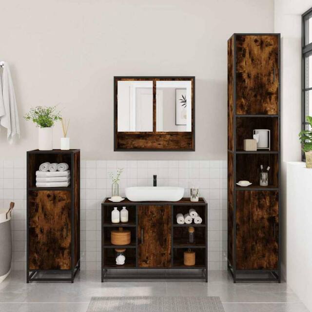 Berkfield Home Durable 4¬†Piece Bathroom Furniture Set¬†Smoked Oak Engineered Wood in Brown - image 1