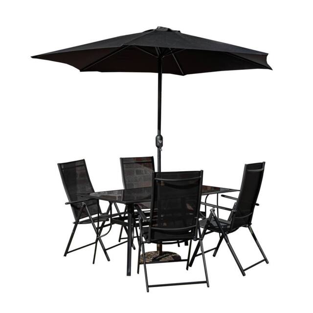 Samuel Alexander Outdoor 4 Person Glass Top Dining Table Chairs. Black Parasol & Base - image 1