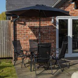 Samuel Alexander Outdoor 4 Person Glass Top Dining Table Chairs. Black Parasol & Base - thumbnail 2