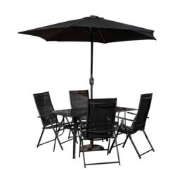 Samuel Alexander Outdoor 4 Person Glass Top Dining Table Chairs. Black Parasol & Base - thumbnail 1