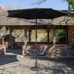 Samuel Alexander Outdoor 4 Person Glass Top Dining Table Chairs. Black Parasol & Base - thumbnail 6