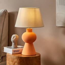 Wyld and Coco Orange Ceramic Table Lamp Hand Painted Geometric Base and Linen Drum