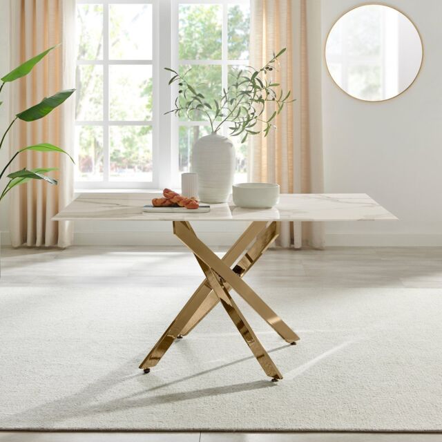 FurnitureboxUK Leonardo 6-Seater Dining Table With Marble Effect Glass Top & Gold Metal Legs in White - image 1
