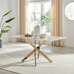 FurnitureboxUK Leonardo 6-Seater Dining Table With Marble Effect Glass Top & Gold Metal Legs in White - thumbnail 2