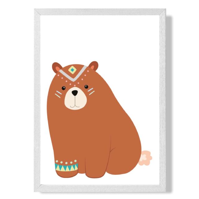 ARTZE Crouching Bear Tribal Animal Framed Print SIZE: A2 with White Frame in Brown - Size: A4 - image 1