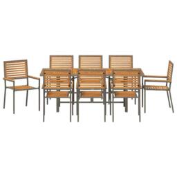 Berkfield Home 9 Piece Garden Dining Set Grey Poly Rattan Acacia - thumbnail 7