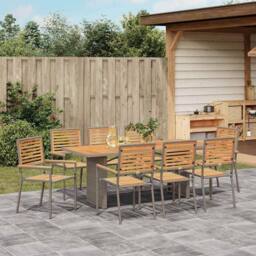 Berkfield Home 9 Piece Garden Dining Set Grey Poly Rattan Acacia - thumbnail 4