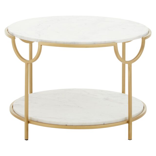 Orsina White Marble Stone Gold Finish Side Table, Iron Frame End Table with 2 Tier Design, Modern Side Table - image 1