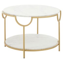 Orsina White Marble Stone Gold Finish Side Table, Iron Frame End Table with 2 Tier Design, Modern Side Table - thumbnail 2