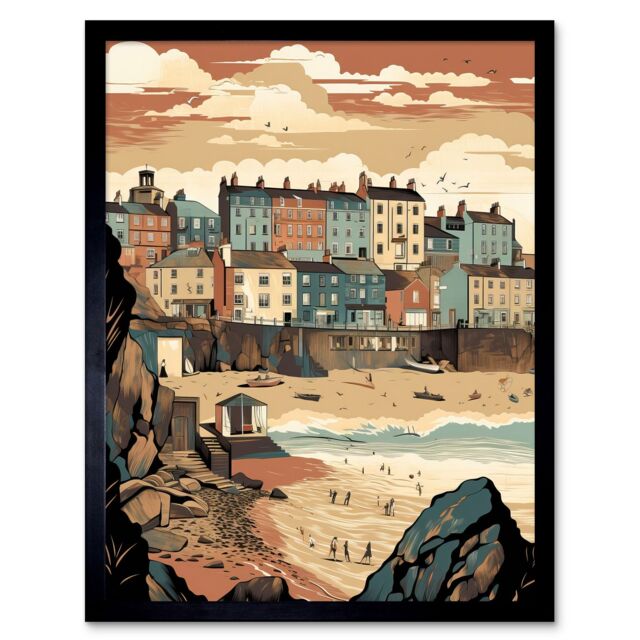 "Artery8 Wall Art Print Tenby Harbour Beach Pastel Colour Coastal Town Art Framed in Black - Size: W12"" x H16""" - image 1