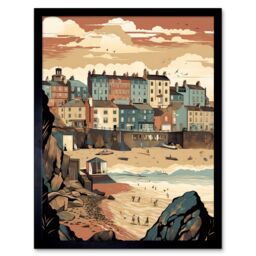 "Artery8 Wall Art Print Tenby Harbour Beach Pastel Colour Coastal Town Art Framed in Black - Size: W12"" x H16""" - thumbnail 1