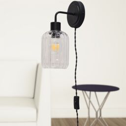 First Choice Lighting Set of 2 Toby - Black Plug in Wall Lights Ribbed Glass Shades - thumbnail 5