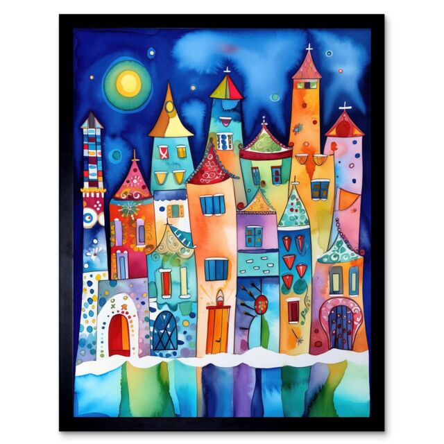 "Artery8 Wall Art Print Midnight Abstract Town Folk Art Framed in Black - Size: W12"" x H16""" - image 1