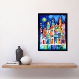 "Artery8 Wall Art Print Midnight Abstract Town Folk Art Framed in Black - Size: W12"" x H16""" - thumbnail 2