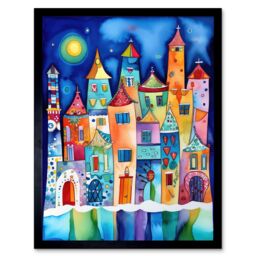 "Artery8 Wall Art Print Midnight Abstract Town Folk Art Framed in Black - Size: W12"" x H16""" - thumbnail 1
