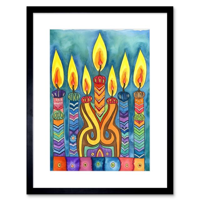 "Artery8 Wall Art Print Jewish Menorah Candle Patterns Folk Art Watercolour Painting Artwork Framed 9X7 Inch in Black - Size: W7"" x H9""" - image 1
