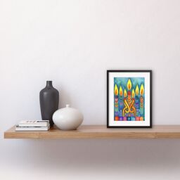 "Artery8 Wall Art Print Jewish Menorah Candle Patterns Folk Art Watercolour Painting Artwork Framed 9X7 Inch in Black - Size: W7"" x H9""" - thumbnail 2