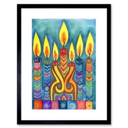 "Artery8 Wall Art Print Jewish Menorah Candle Patterns Folk Art Watercolour Painting Artwork Framed 9X7 Inch in Black - Size: W7"" x H9""" - thumbnail 1