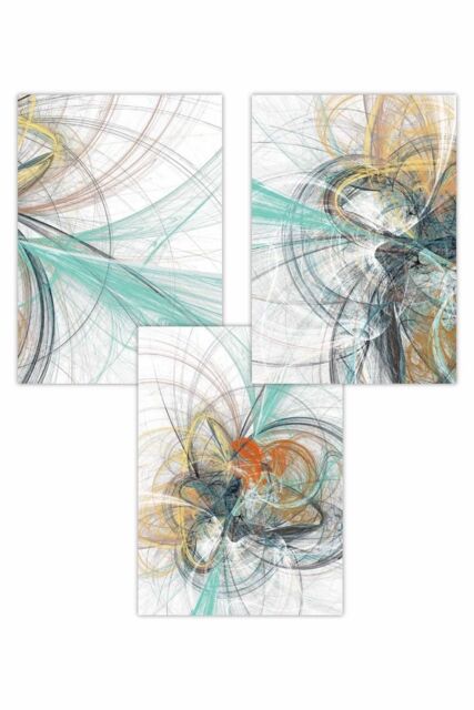 ARTZE Set of 3 Abstract Green Yellow Grey Mixed Media Fractal Art Posters in Bright Yellow - Size: W50 cm x H70 cm - image 1