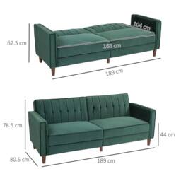 HOMCOM Convertible Sofa Futon Velvet-Touch Tufted Couch Sofa Bed Green - thumbnail 3