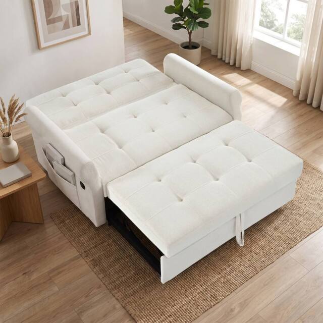 BTM 2 Seater Pull Out Sofa Bed Storage Pocket Rolling Casters in Off-White - image 1