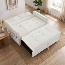 BTM 2 Seater Pull Out Sofa Bed Storage Pocket Rolling Casters in Off-White - thumbnail 1