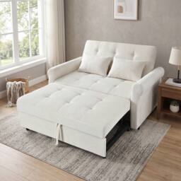 BTM 2 Seater Pull Out Sofa Bed Storage Pocket Rolling Casters in Off-White - thumbnail 5